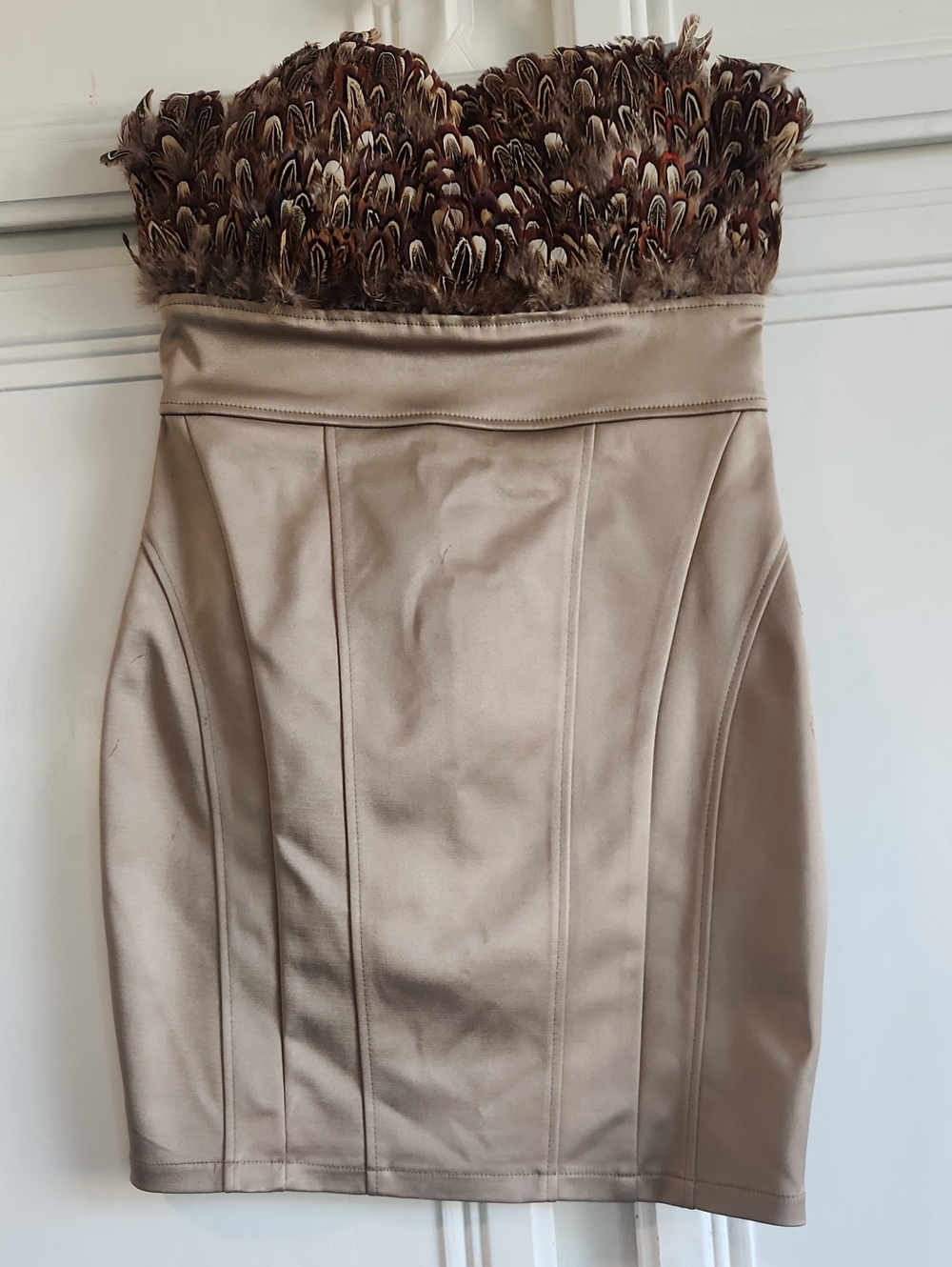 Arden B Strapless Feather-Trim Taupe Cocktail Dress